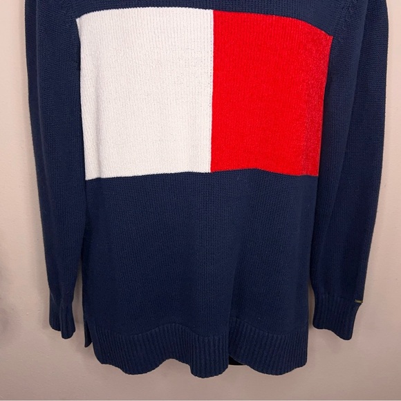Large Tommy Hilfiger Blue Red White Colorblock Mens Sweater Preppy Academia - Picture 7 of 11